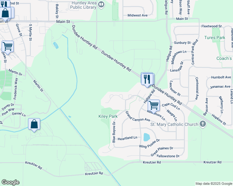 map of restaurants, bars, coffee shops, grocery stores, and more near 10917 Cape Cod Lane in Huntley