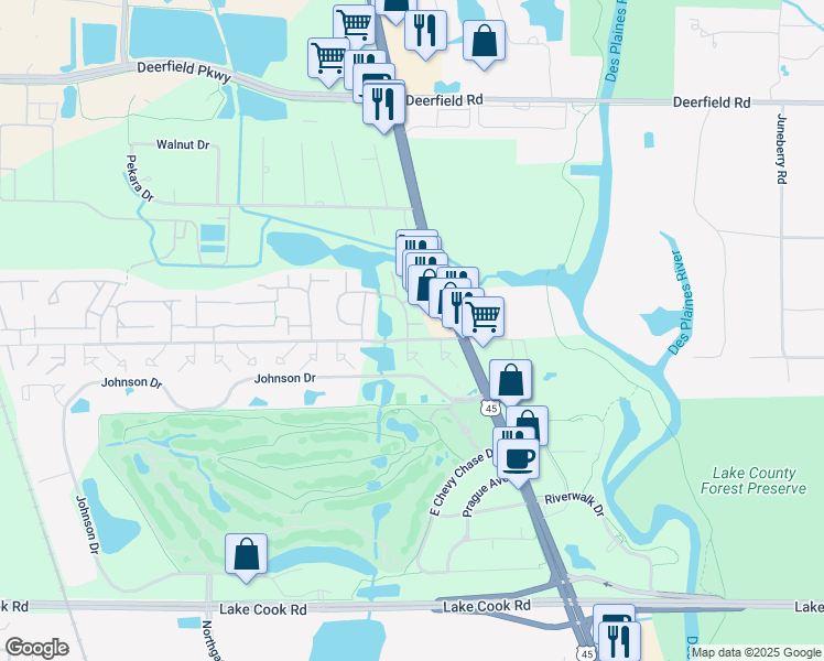 map of restaurants, bars, coffee shops, grocery stores, and more near 297 Tanager Court in Deerfield