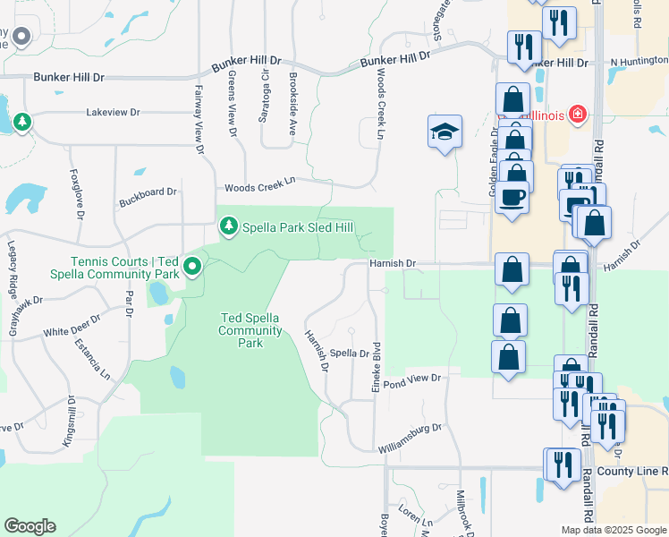 map of restaurants, bars, coffee shops, grocery stores, and more near 2680 Harnish Drive in Algonquin