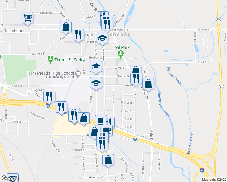 map of restaurants, bars, coffee shops, grocery stores, and more near 811 South Pine Street in Horseheads