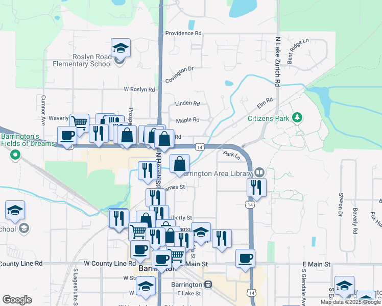 map of restaurants, bars, coffee shops, grocery stores, and more near 563 Shorely Drive in Barrington