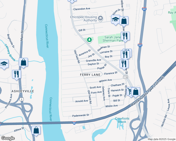 map of restaurants, bars, coffee shops, grocery stores, and more near 111 Poplar Street in Chicopee