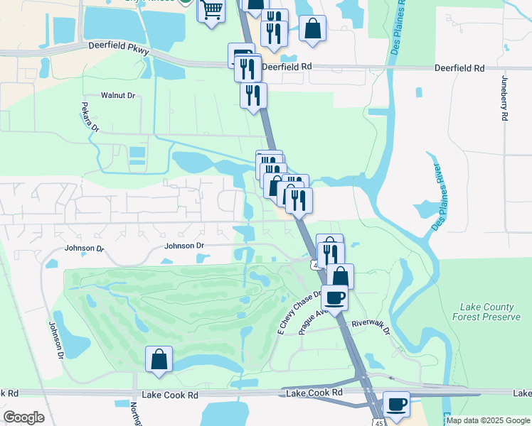 map of restaurants, bars, coffee shops, grocery stores, and more near 294 Tanager Court in Deerfield
