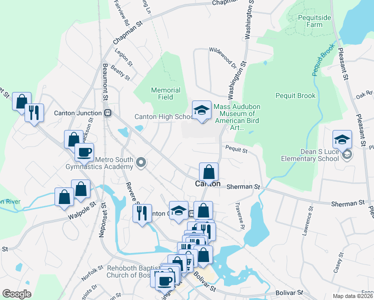 map of restaurants, bars, coffee shops, grocery stores, and more near 64 Endicott Street in Canton