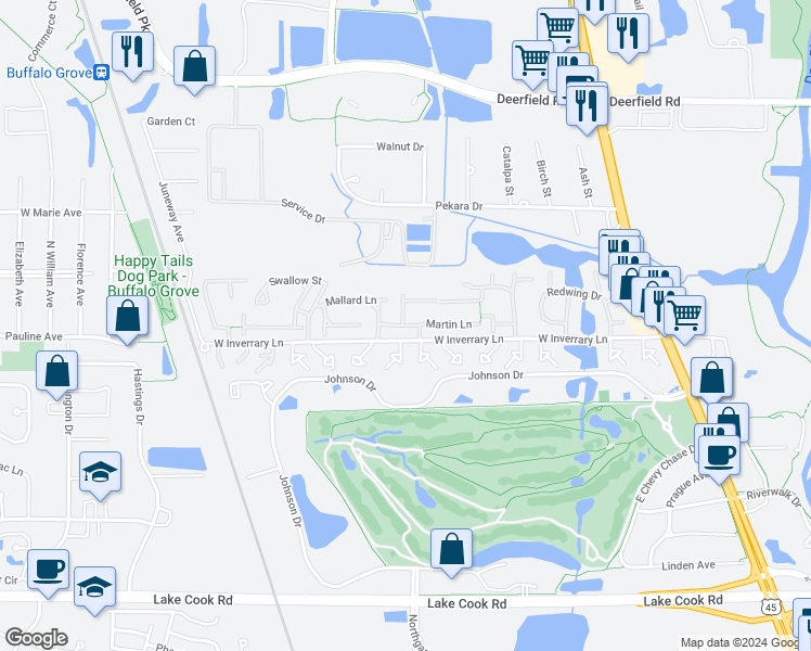 map of restaurants, bars, coffee shops, grocery stores, and more near 15023 Martin Lane in Deerfield