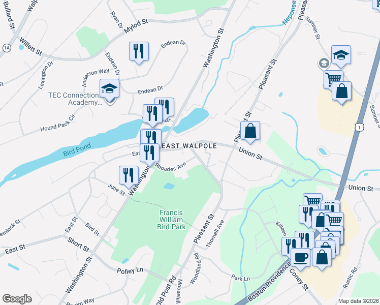 map of restaurants, bars, coffee shops, grocery stores, and more near 73 Rhoades Avenue in Walpole