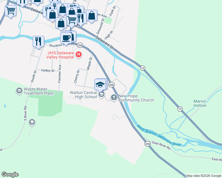 map of restaurants, bars, coffee shops, grocery stores, and more near 51 Stockton Avenue in Walton