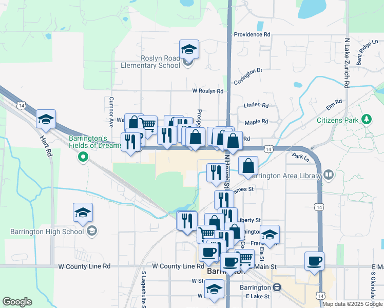map of restaurants, bars, coffee shops, grocery stores, and more near 111 Lions Drive in Barrington