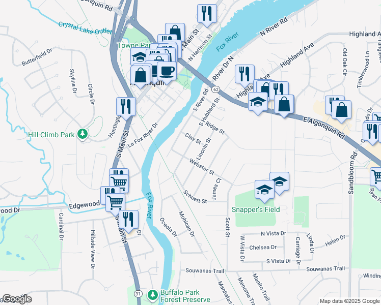 map of restaurants, bars, coffee shops, grocery stores, and more near 433 Lincoln Street in Algonquin