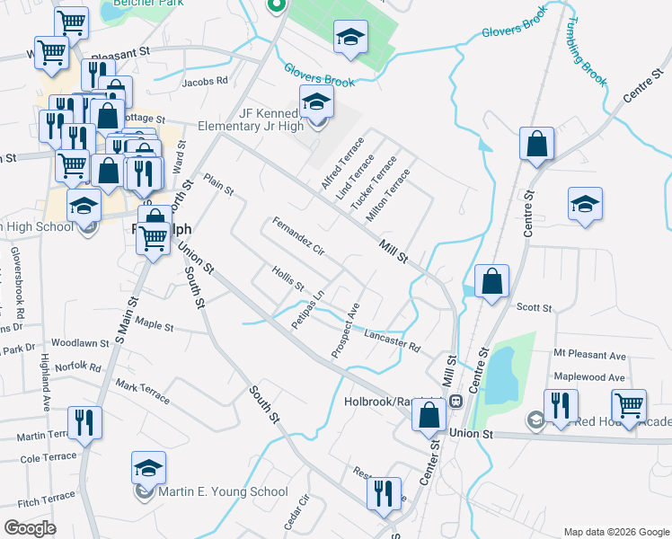 map of restaurants, bars, coffee shops, grocery stores, and more near 3 Roach Drive in Randolph