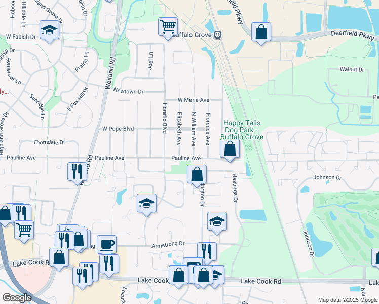 map of restaurants, bars, coffee shops, grocery stores, and more near 430 Lexington Drive in Buffalo Grove
