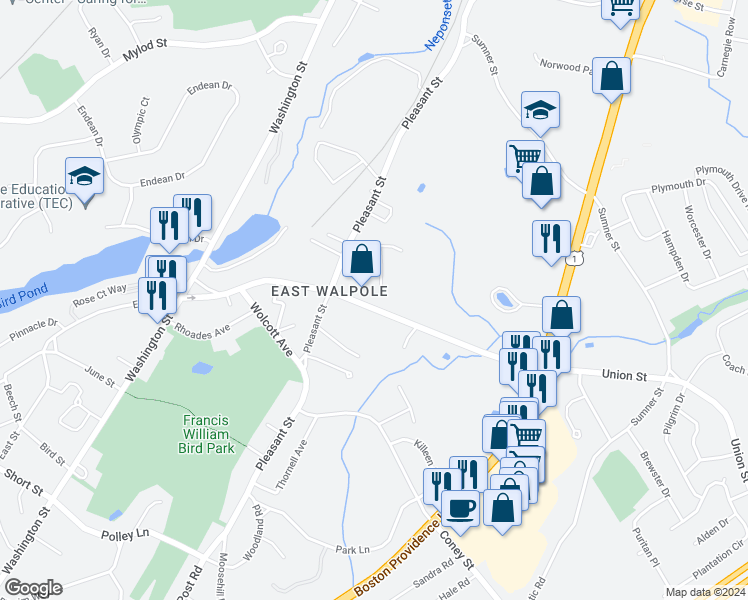 map of restaurants, bars, coffee shops, grocery stores, and more near 189 Union Street in Walpole