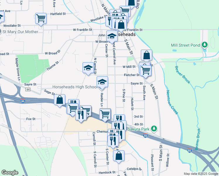 map of restaurants, bars, coffee shops, grocery stores, and more near 821 Center Street in Horseheads
