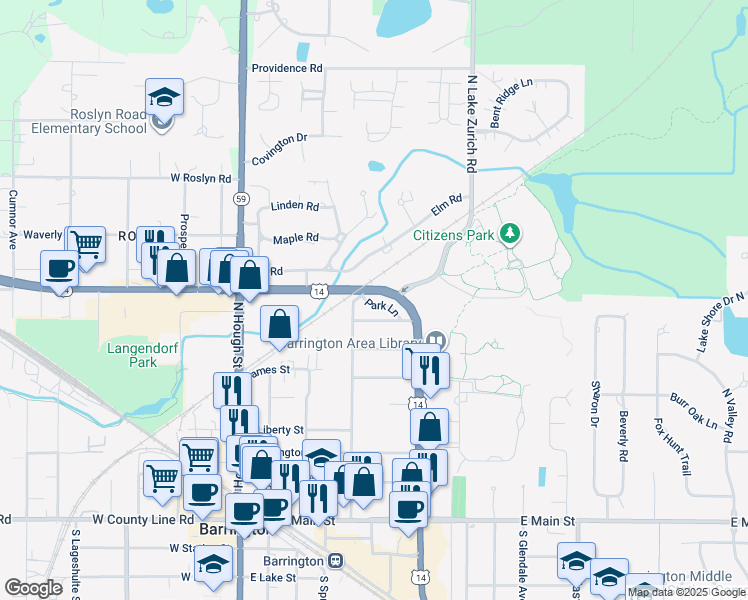map of restaurants, bars, coffee shops, grocery stores, and more near 539 North Avenue in Barrington
