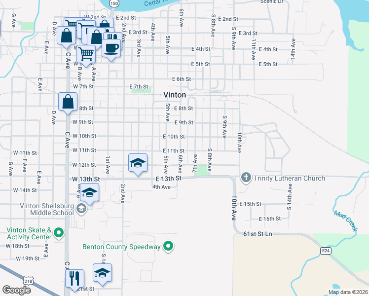 map of restaurants, bars, coffee shops, grocery stores, and more near 607 East 12th Street in Vinton