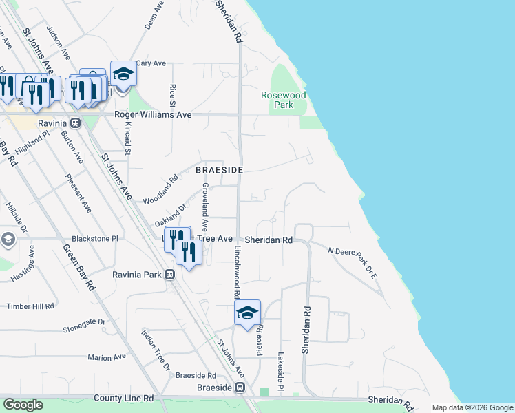 map of restaurants, bars, coffee shops, grocery stores, and more near 434 Lakeside Place in Highland Park