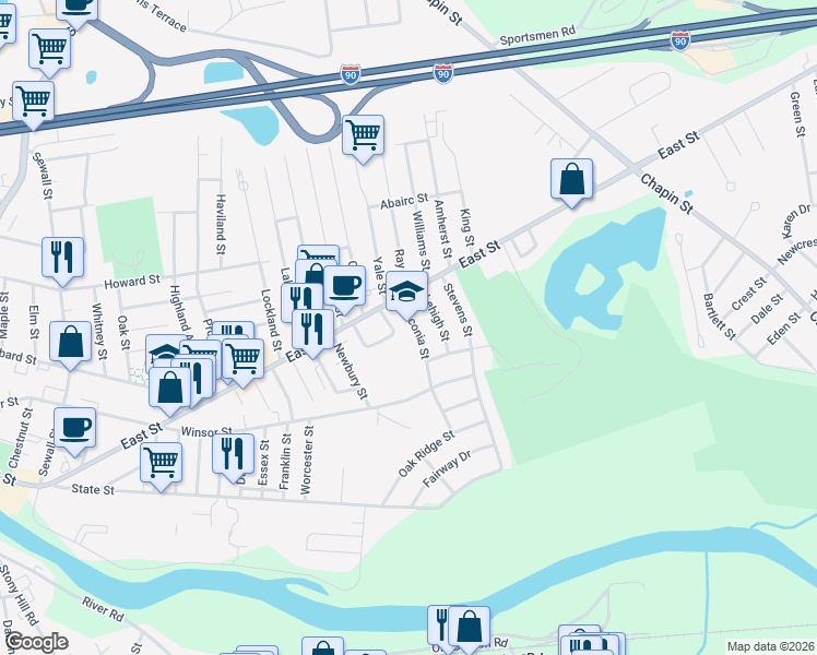 map of restaurants, bars, coffee shops, grocery stores, and more near 508 East Street in Ludlow