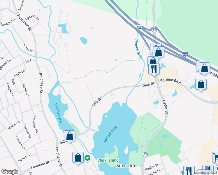 map of restaurants, bars, coffee shops, grocery stores, and more near 57 Dilla Street in Milford