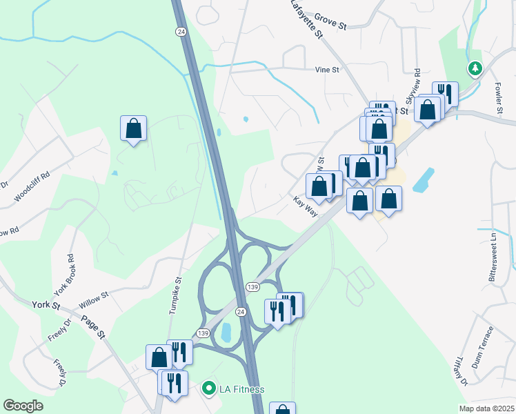 map of restaurants, bars, coffee shops, grocery stores, and more near 38 Elizabeth Street in Stoughton