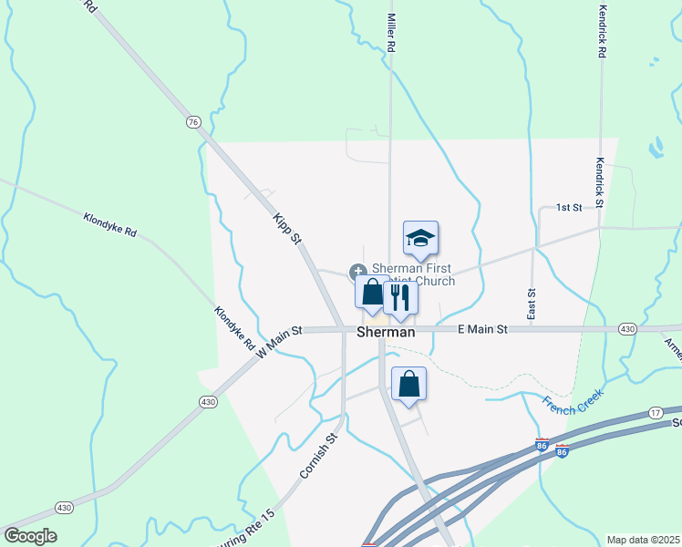 map of restaurants, bars, coffee shops, grocery stores, and more near 125 Church Street in Sherman