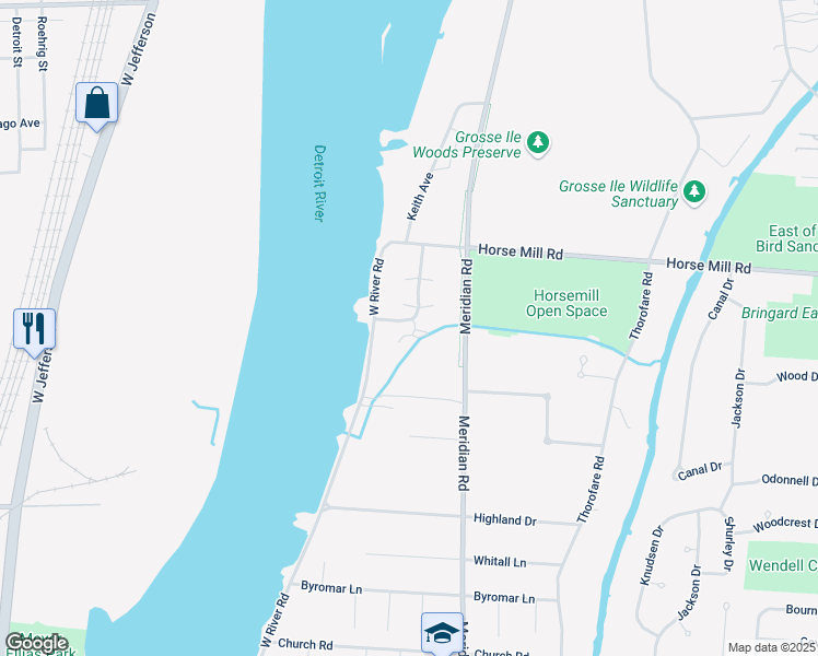 map of restaurants, bars, coffee shops, grocery stores, and more near 20224 Island Estate Drive in Grosse Ile Township