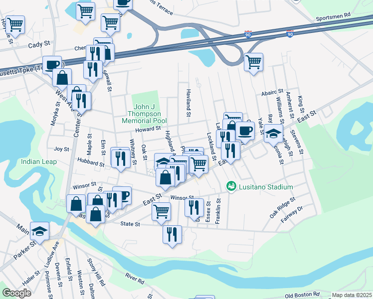 map of restaurants, bars, coffee shops, grocery stores, and more near 17 Greenwich Street in Ludlow