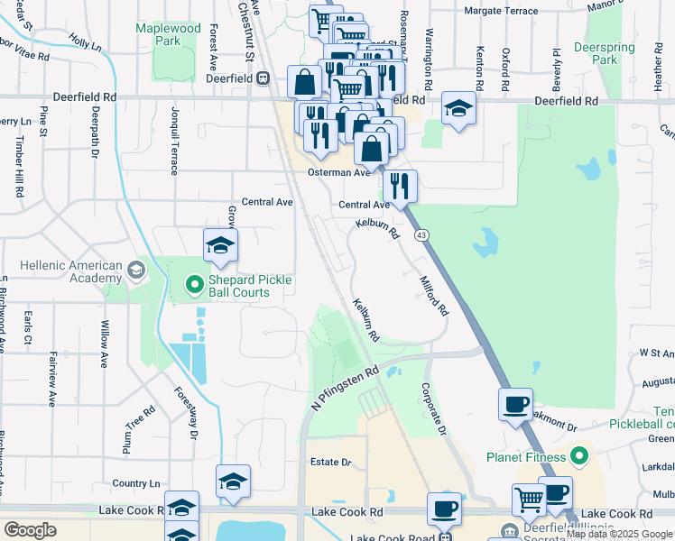 map of restaurants, bars, coffee shops, grocery stores, and more near 460 South Commons Court in Deerfield