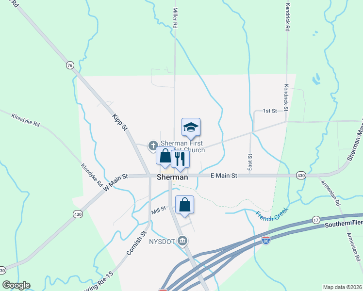 map of restaurants, bars, coffee shops, grocery stores, and more near 118 Miller Street in Sherman