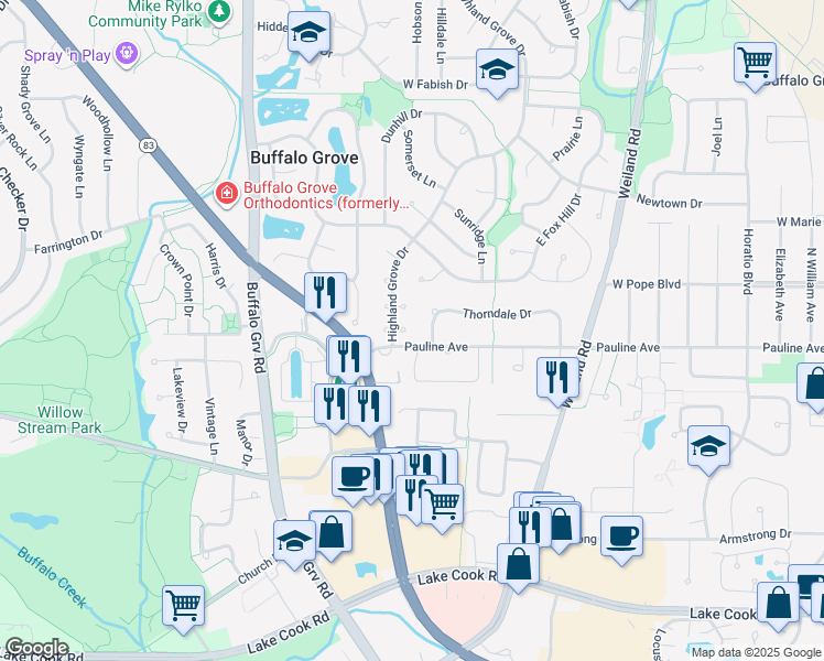 map of restaurants, bars, coffee shops, grocery stores, and more near 503 Thorndale Drive in Buffalo Grove