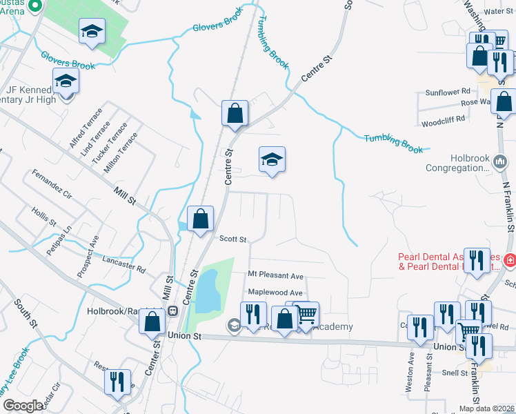 map of restaurants, bars, coffee shops, grocery stores, and more near 26 Westdale Road in Holbrook