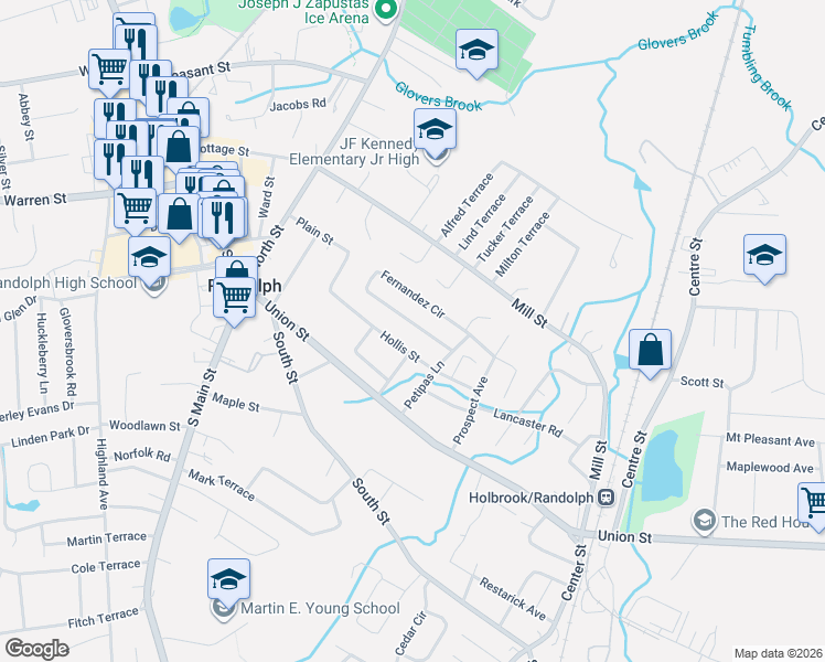 map of restaurants, bars, coffee shops, grocery stores, and more near 78 Fernandez Circle in Randolph