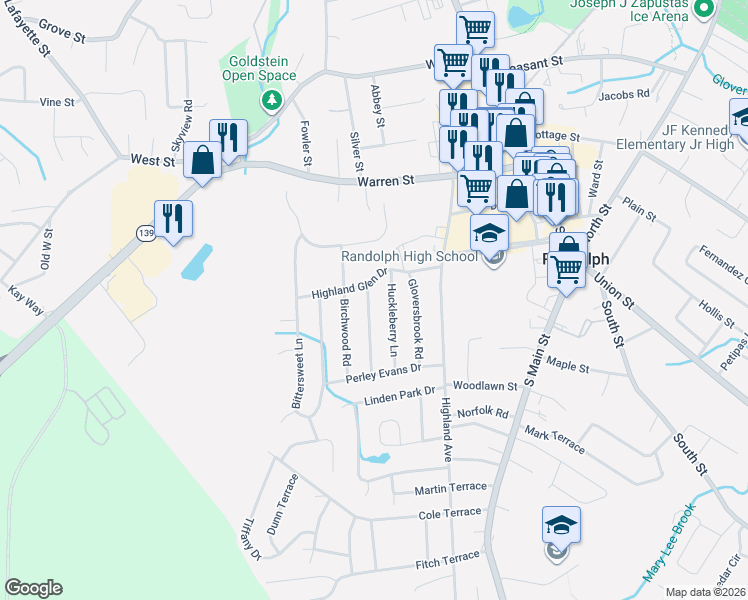 map of restaurants, bars, coffee shops, grocery stores, and more near 33 Highland Glen Drive in Randolph