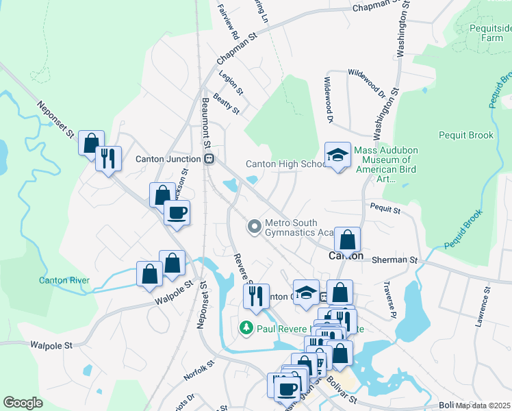 map of restaurants, bars, coffee shops, grocery stores, and more near 514 Sherman Street in Canton