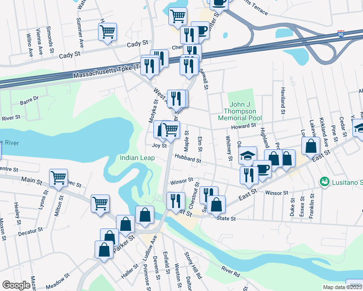 map of restaurants, bars, coffee shops, grocery stores, and more near 49 Maple Street in Ludlow