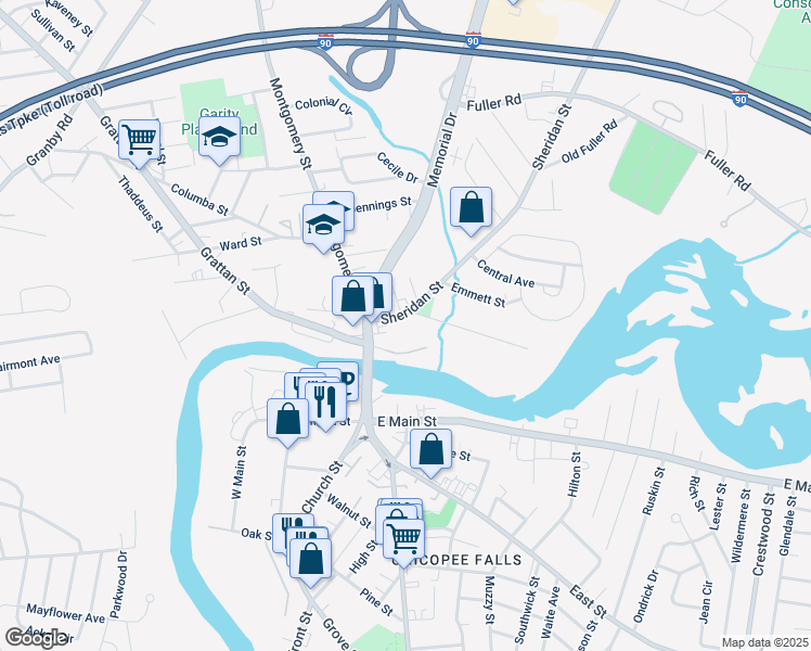 map of restaurants, bars, coffee shops, grocery stores, and more near 41 Sheridan Street in Chicopee