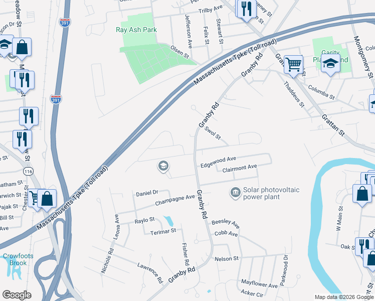 map of restaurants, bars, coffee shops, grocery stores, and more near 614 Granby Road in Chicopee