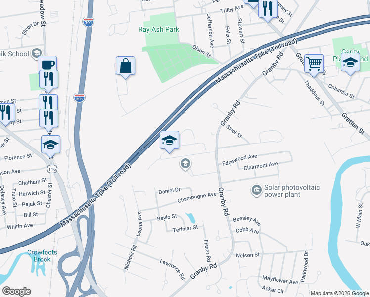 map of restaurants, bars, coffee shops, grocery stores, and more near 286 Szetela Drive in Chicopee