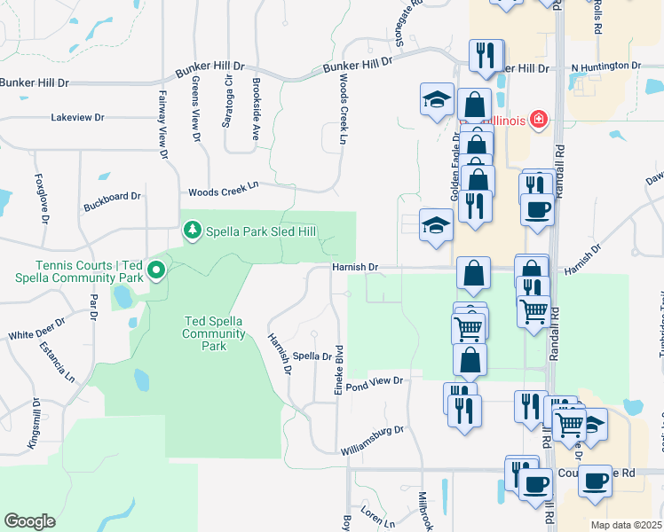 map of restaurants, bars, coffee shops, grocery stores, and more near 2600 Harnish Dr in Algonquin