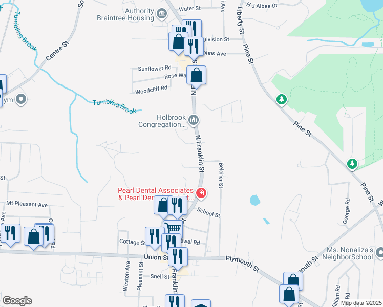 map of restaurants, bars, coffee shops, grocery stores, and more near 284 North Franklin Street in Holbrook