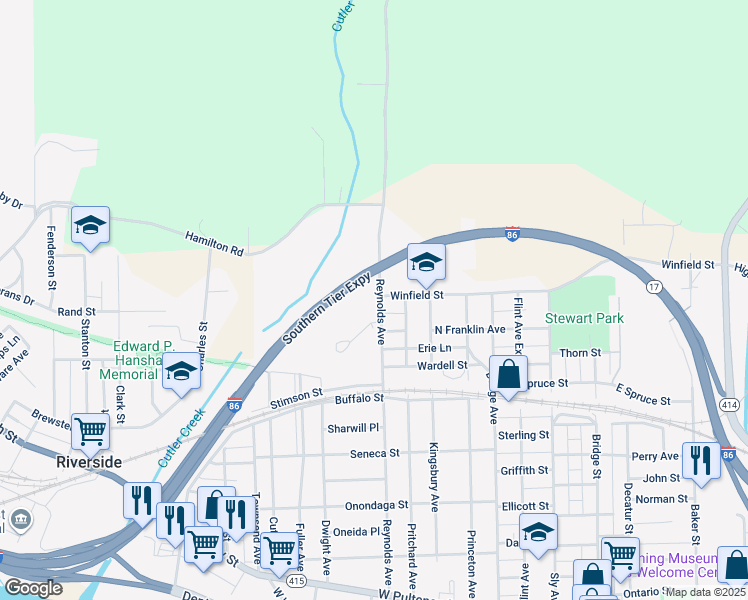 map of restaurants, bars, coffee shops, grocery stores, and more near 1 Lamphear Court in Corning