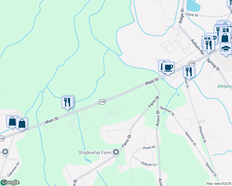 map of restaurants, bars, coffee shops, grocery stores, and more near 1279 Main Street in Millis