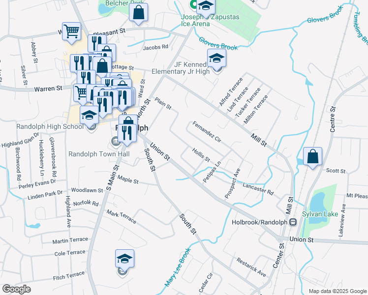 map of restaurants, bars, coffee shops, grocery stores, and more near 23 Hollis Street in Randolph
