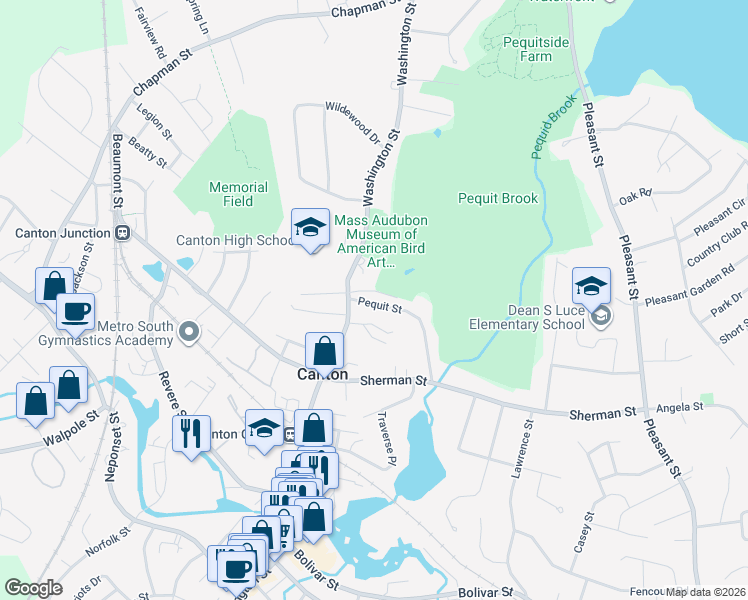 map of restaurants, bars, coffee shops, grocery stores, and more near 35 Ronayne Way in Canton