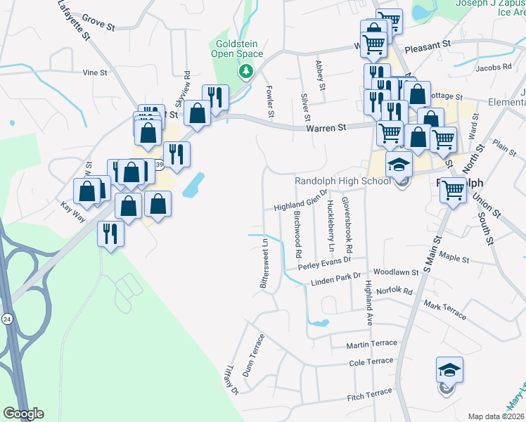 map of restaurants, bars, coffee shops, grocery stores, and more near 80 Highland Glen Drive in Randolph