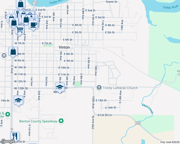 map of restaurants, bars, coffee shops, grocery stores, and more near 851-899 East 10th Street in Vinton