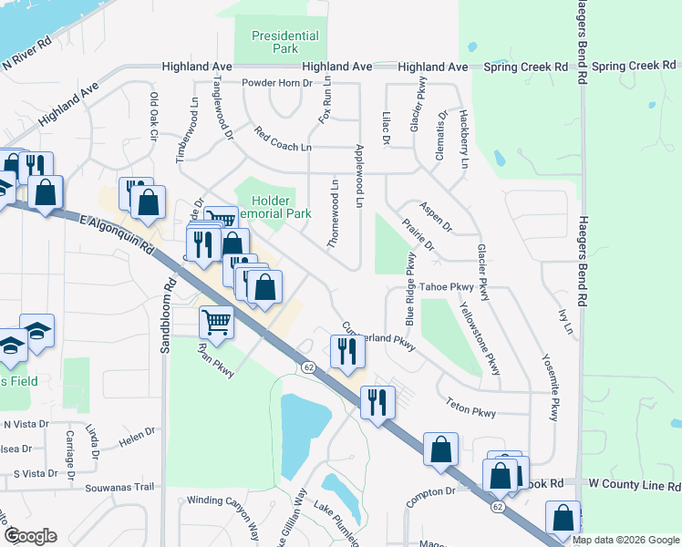 map of restaurants, bars, coffee shops, grocery stores, and more near 1750 Thorneapple Lane in Algonquin