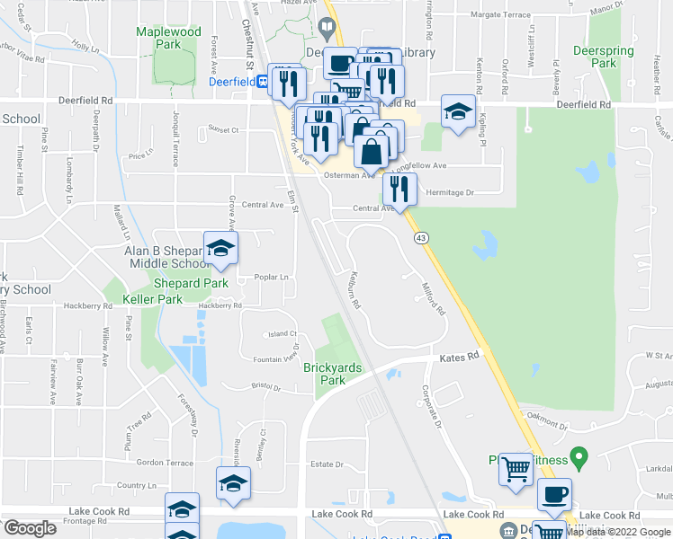 map of restaurants, bars, coffee shops, grocery stores, and more near 464 South Commons Court in Deerfield