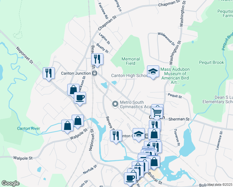 map of restaurants, bars, coffee shops, grocery stores, and more near 514 Sherman Street in Canton