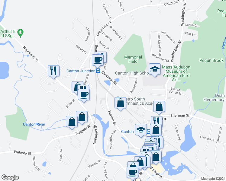 map of restaurants, bars, coffee shops, grocery stores, and more near 514 Sherman Street in Canton