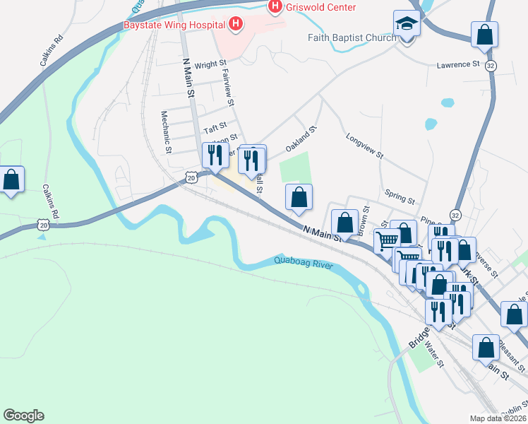 map of restaurants, bars, coffee shops, grocery stores, and more near 1580 North Main Street in Palmer